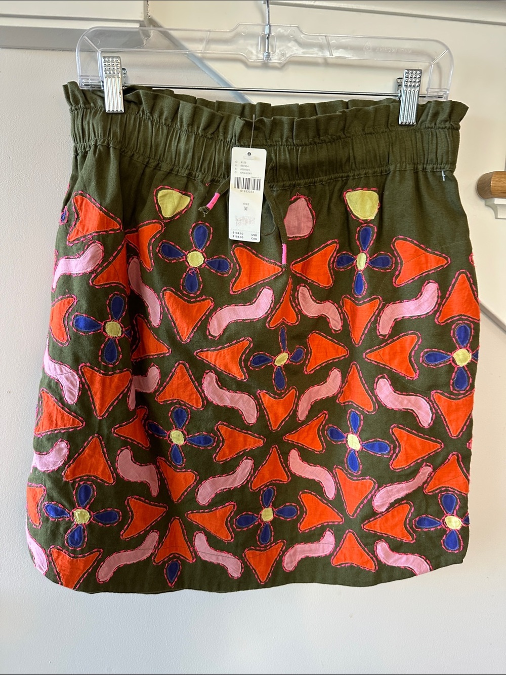 Anthropologie medium Olive Embroidered Floral Mini Skirt - Pink & Orange Accents - Picture 1 of 6